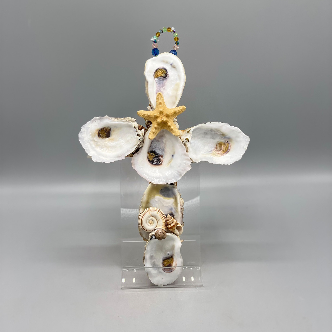 Handmade Oyster Shell Cross w/Starfish & Shells - Ocean Springs