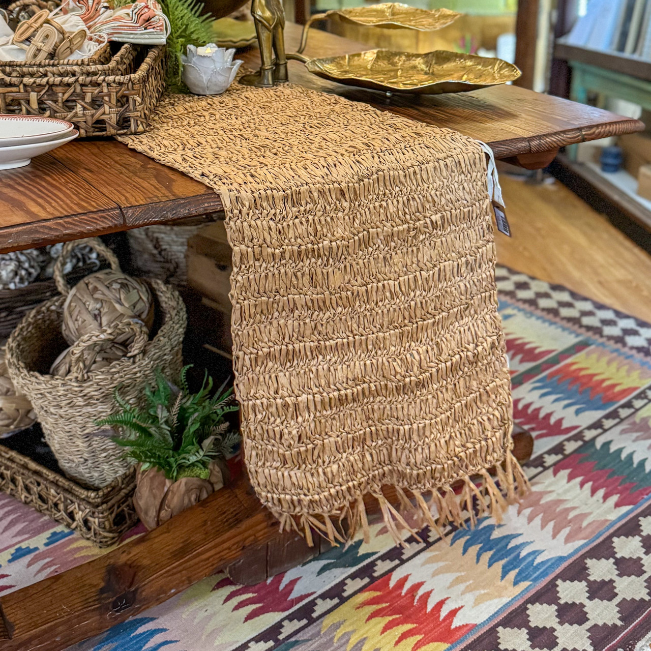 table runner 立涌華唐草　帯リメイク Woven Raffia Table Runner - Ocean Springs Mercantile