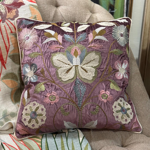 Butterfly Embroidered Purple Velvet Pillow