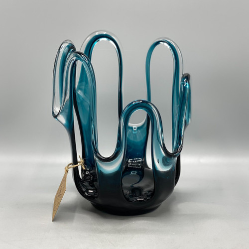 Blue Glass Abstract Ombre Vase w/Cutouts