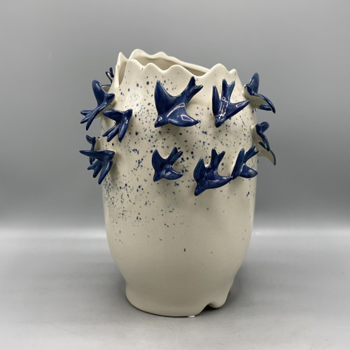 Small White Vase w/Blue 3D Birds