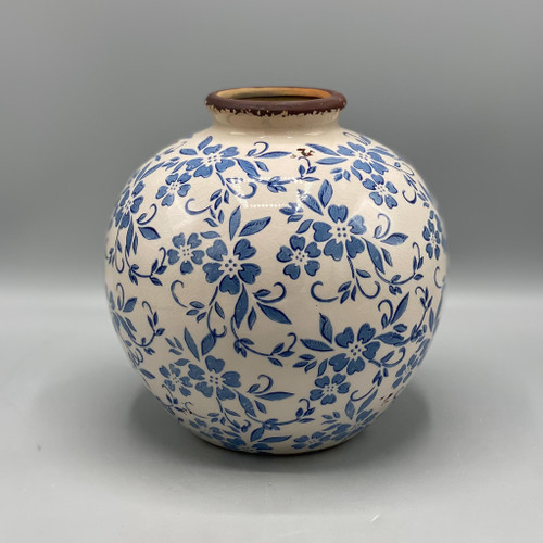 Terracotta Vase with Blue Transferware Pattern