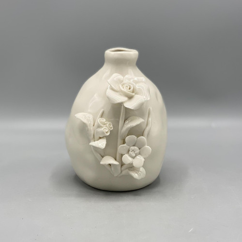 White Stoneware Vase w/3D Flowers