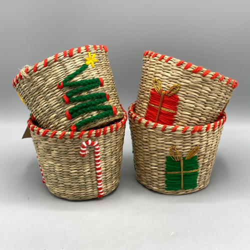 Embroidered Holiday Seagrass Basket