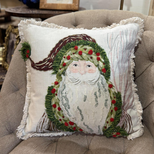 18" Fringed Santa Printed Pillow w/Embroidery