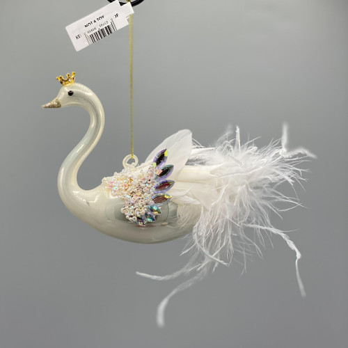 Glass Swan Ornament w/Feathers & Jewels
