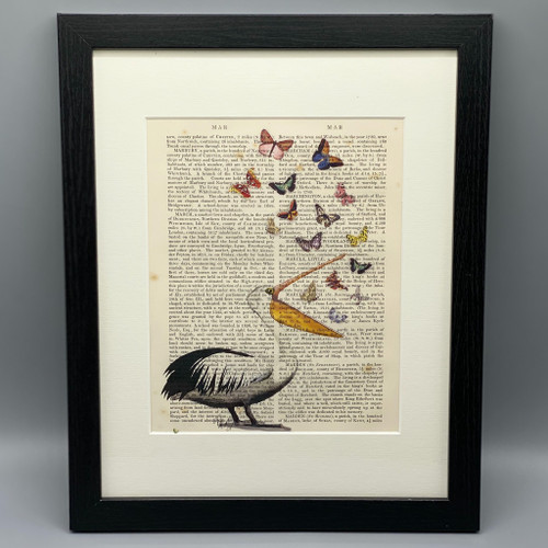Framed Pelican & Butterflies on Antique Book Page