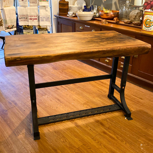 Live Edge Mesquite Wood Table Top on Industrial Sewing Machine Base