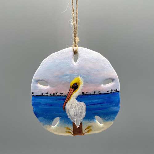 Hand Painted Pelican on Post Sand Dollar Ornament