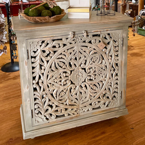 2 Door Mango Wood Carved Cabinet