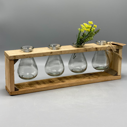 4 Glass Bud Vases on Recycled Wooded Stand