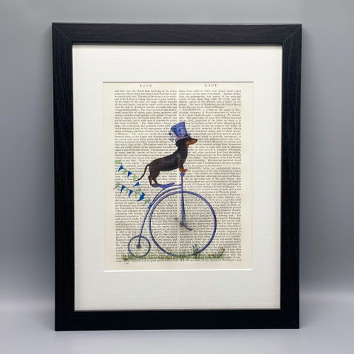 Dachshund on Penny Farthing Bicycle Framed Book Print