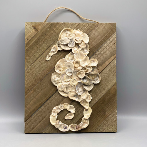 Handmade Shell Seahorse on Wood Wall Wart