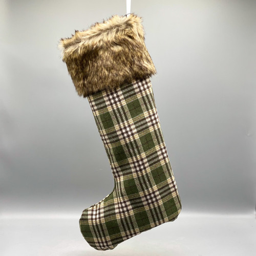 Green Plaid Stocking w/Faux Fur