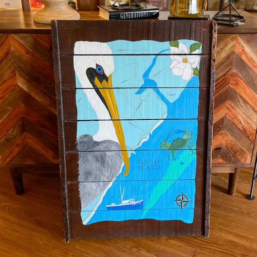 Hand Painted Ocean Springs Map & Pelican Wall Art