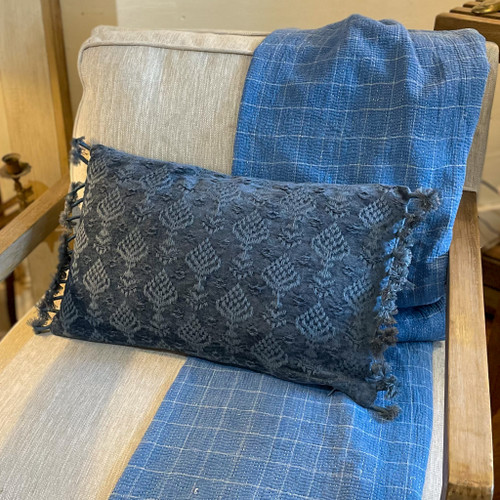Blue Chenille Lumbar Pillow w/Tassels