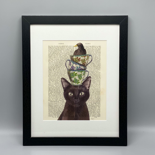 Black Cat w/Teacups Framed Book Print