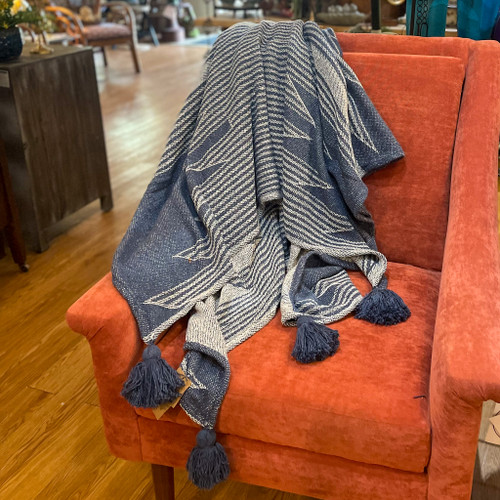 Blue Recycled Throw w/Aztec Pattern - Ocean Springs Mercantile