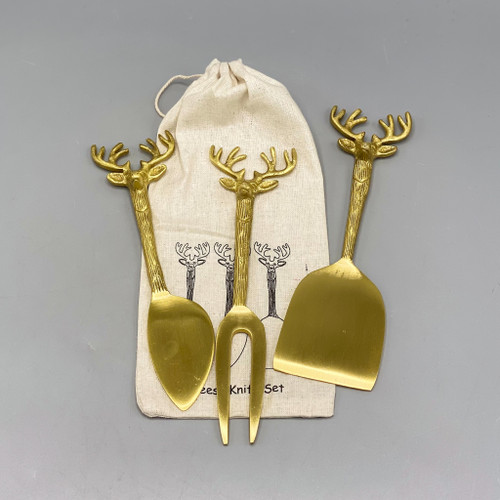 Set of 3 Brass Reindeer Handle Cheese Knife Set