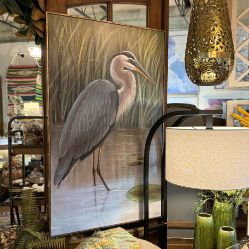Blue Heron & Lillies Framed Canvas