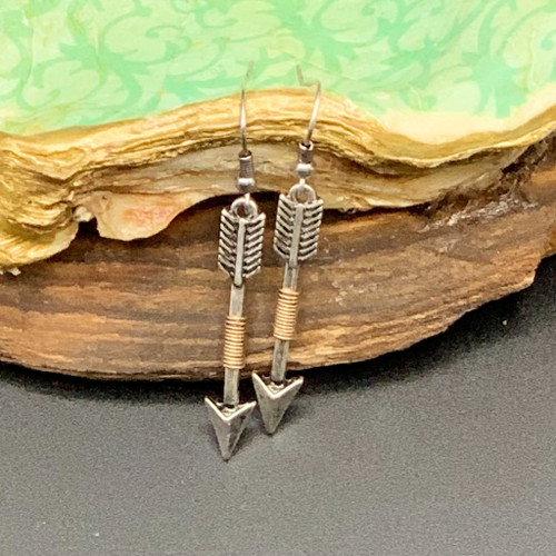 Silver, gold wire wrapped arrow earrings