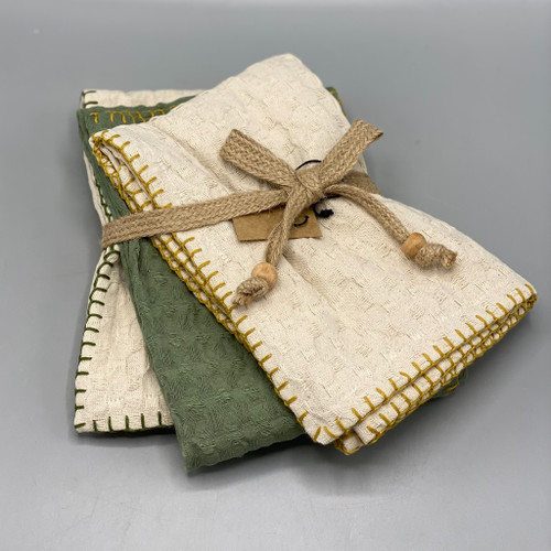Set of 3 Waffle Towels Green & Tan