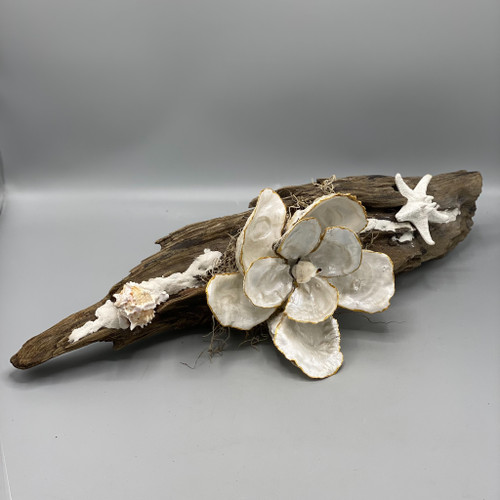 Handmade Oyster Shell Magnolia on 23" Driftwood w/Starfish & Shell