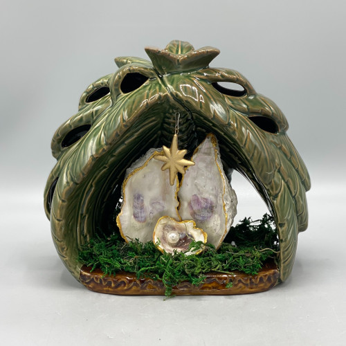 Hand-Painted Oyster Shell Holy Family in Ceramic Palm Manger