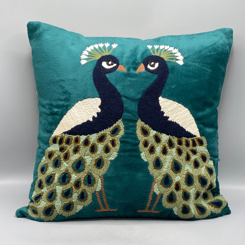 Embroidered Peacocks Velvet Pillow