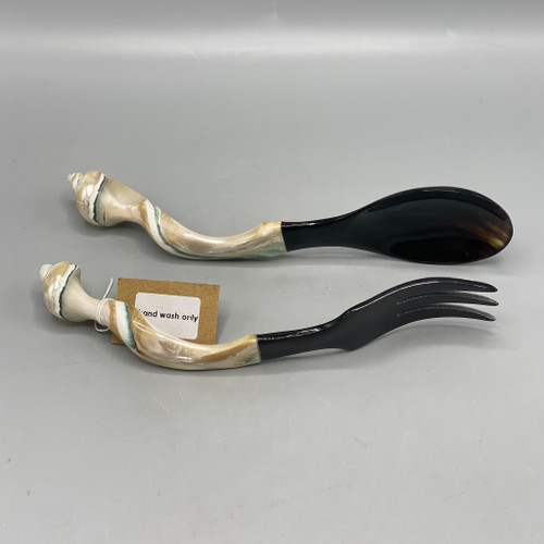 Natural Horn Servers w/Shell Handle, Set of 2