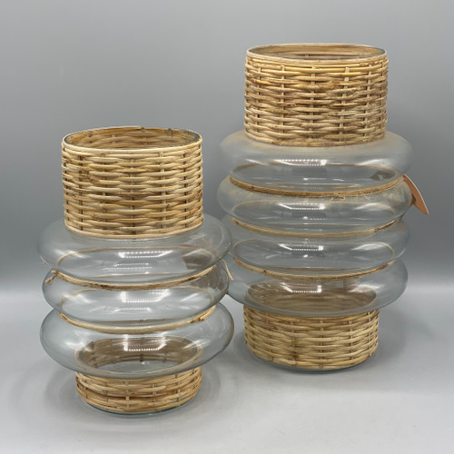 Set of 2 Handmade Rattan Wrapped Glass Vases