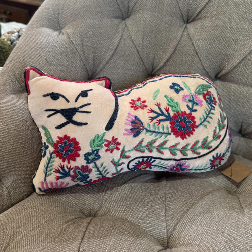 Cat Shaped Embroidered Botanical Pillow