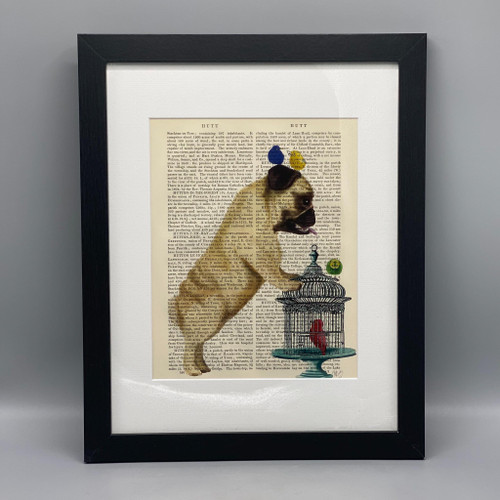 Pug & Birdcage Framed Book Print
