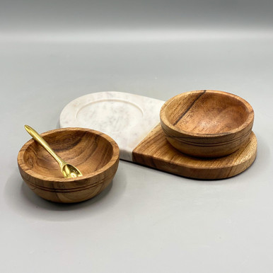 Acacia Wood Board With Marble Pinch Pots & Brass Spoon, Set Of Five -  Nadeau Indianapolis