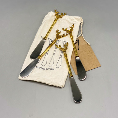 Creative Co-op Brass Cheese Knives with Reindeer Handles, Set of 3 in Printed Drawstring Bag main image 1