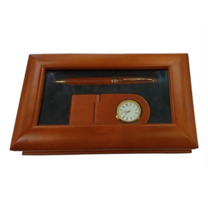 Imperial Desk Clock with Wood Matt Brown Gold Trim Ball Pen IMP69 Clock Gift Set - CLEARANCE NEEDS RE-BATTERY & Refill