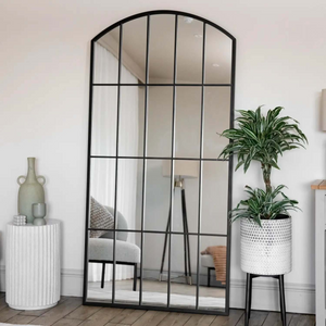 Tomi - Full Length Black Metal Arched Lattice Window Mirror - 150cm x 60cm.