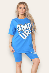 Cycling Short and T-Shirts Co-Ord Two Piece Side Slit Set with Front Printed Slogan - Amour Slogan