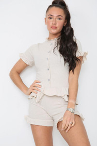 Diamond Frilled Edge Short Co-Ord Set - Beige / One Size UK Fit (Upto 14)