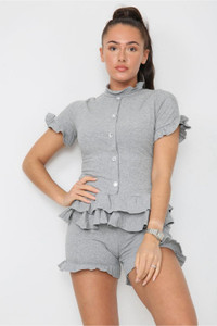 Diamond Frilled Edge Short Co-Ord Set - Grey / One Size UK Fit (Upto 14)
