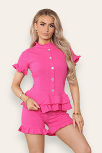 Diamond Frilled Edge Short Co-Ord Set - Fuschia / One Size UK Fit (Upto 14)