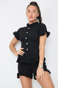 Diamond Frilled Edge Short Co-Ord Set - Black / One Size UK Fit (Upto 14)