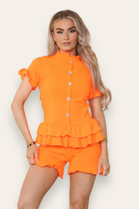 Diamond Frilled Edge Short Co-Ord Set - Orange / One Size UK Fit (Upto 14)