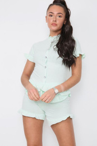 Diamond Frilled Edge Short Co-Ord Set - Mint / One Size UK Fit (Upto 14)