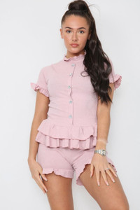 Diamond Frilled Edge Short Co-Ord Set - Nude / One Size UK Fit (Upto 14)