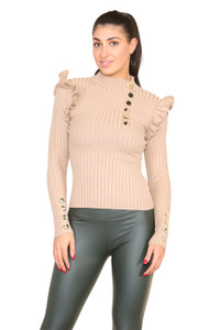 Ribbed Knit Gold Button Detail Jumper with Frill - Beige / S/M