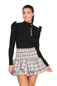 Ribbed Knit Gold Button Detail Jumper with Frill - Black / S/M