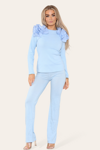 Ruffle Frill Shoulder Ribbed Loungewear Co-Ord Top & Trouser Set - Sky Blue / One Size UK Fit (Upto 14)