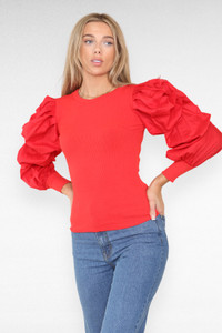 Oversized Puff Sleeves Ribbed Top - Red / One Size (6-12)