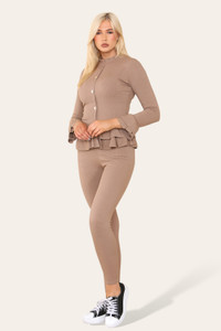 Long Sleeves Peplum Front Buttons Frilled Hem Lounge Wear Set - Mocha